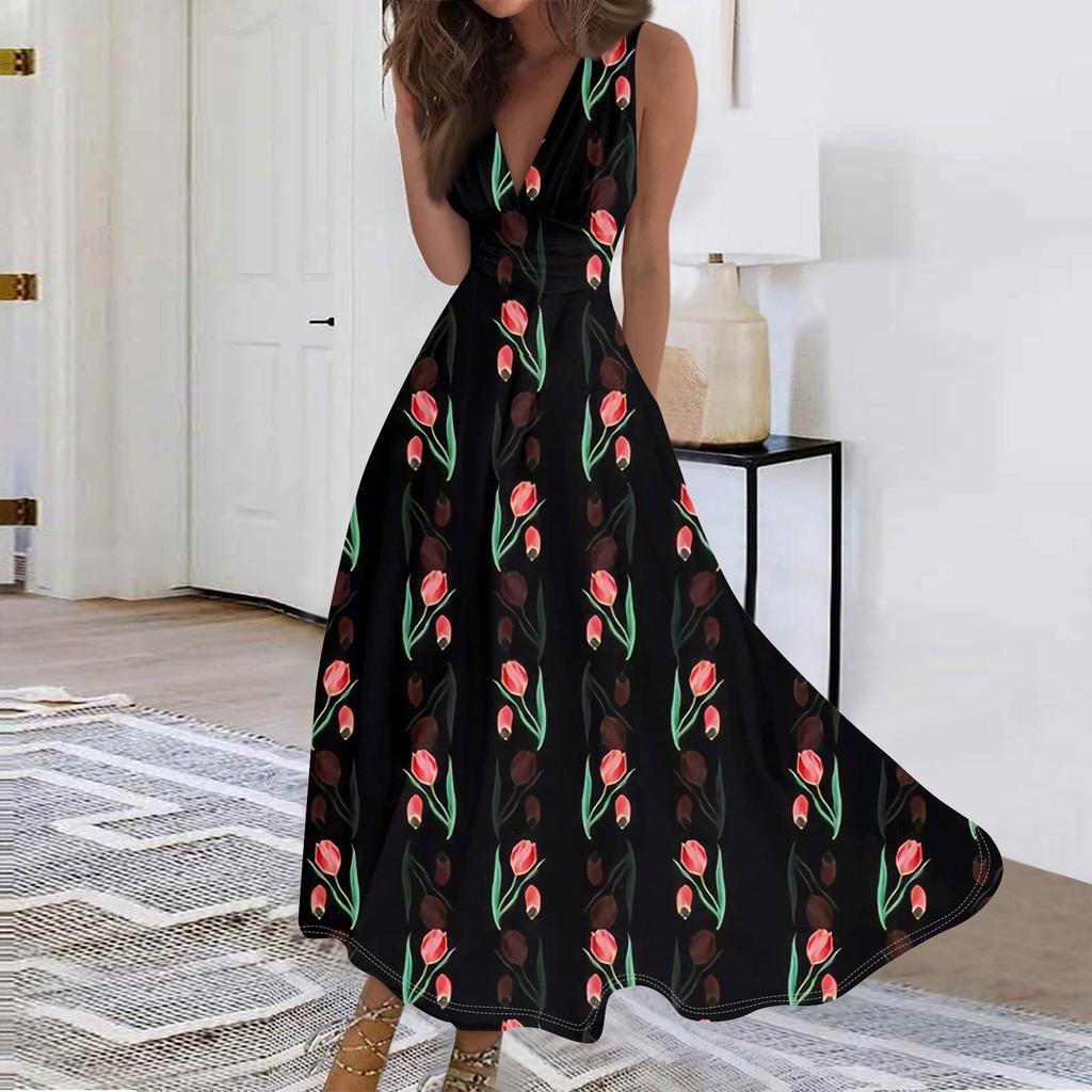 Женские модные повседневные свободные платья с V-образным вырезом без рукавов с принтом