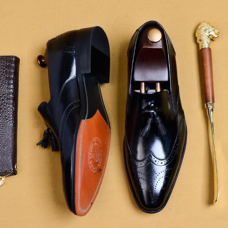 Мужские туфли-броги из натуральной кожи с кисточками ручной работы, деловые и повседневные — ретро, заостренный дизайн