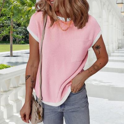 Женская футболка с круглым вырезом, коротким рукавом, карманом, украшением, футболка с цветными блоками, свободная футболка, одежда для отдыха