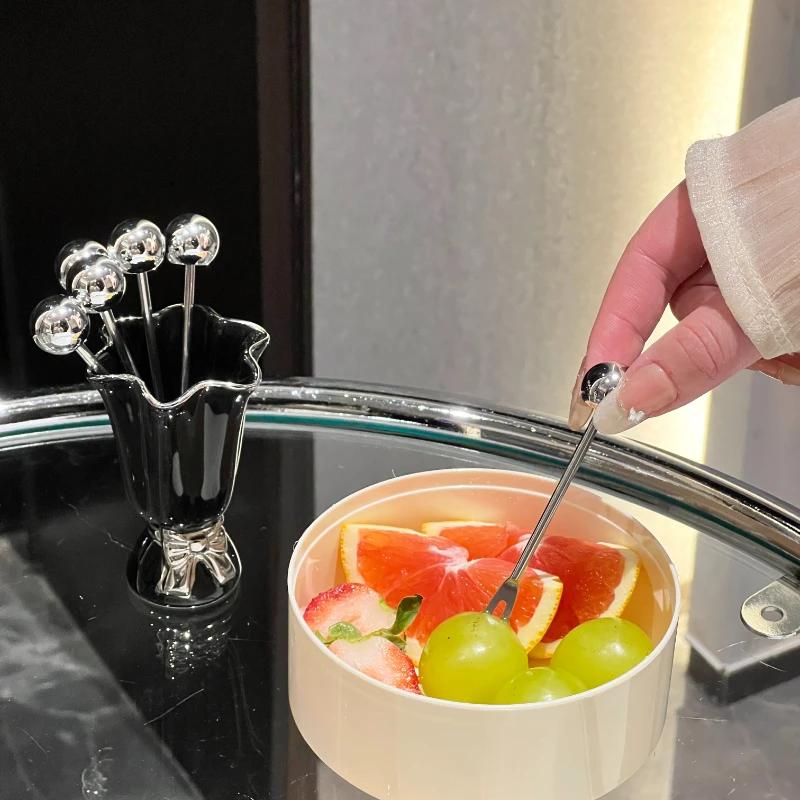 Набор из 6 новых вилок для фруктов из нержавеющей стали, вилки для десерта с керамической банкой в стиле INS, держатель, легкая роскошь, украшение для дома