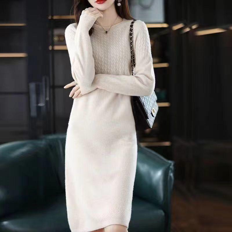 Трикотажное платье средней длины, женское осеннее и зимнее свободное платье-свитер выше колена с круглым вырезом и круглым вырезом, женское платье-свитер с длинными рукавами
