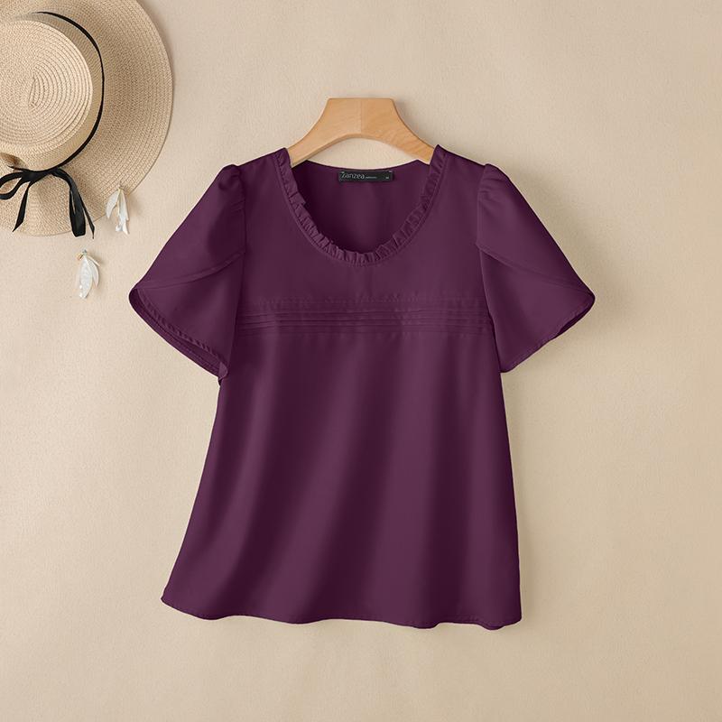 ZANZEA Женская повседневная летняя блузка с круглым вырезом и коротким рукавом