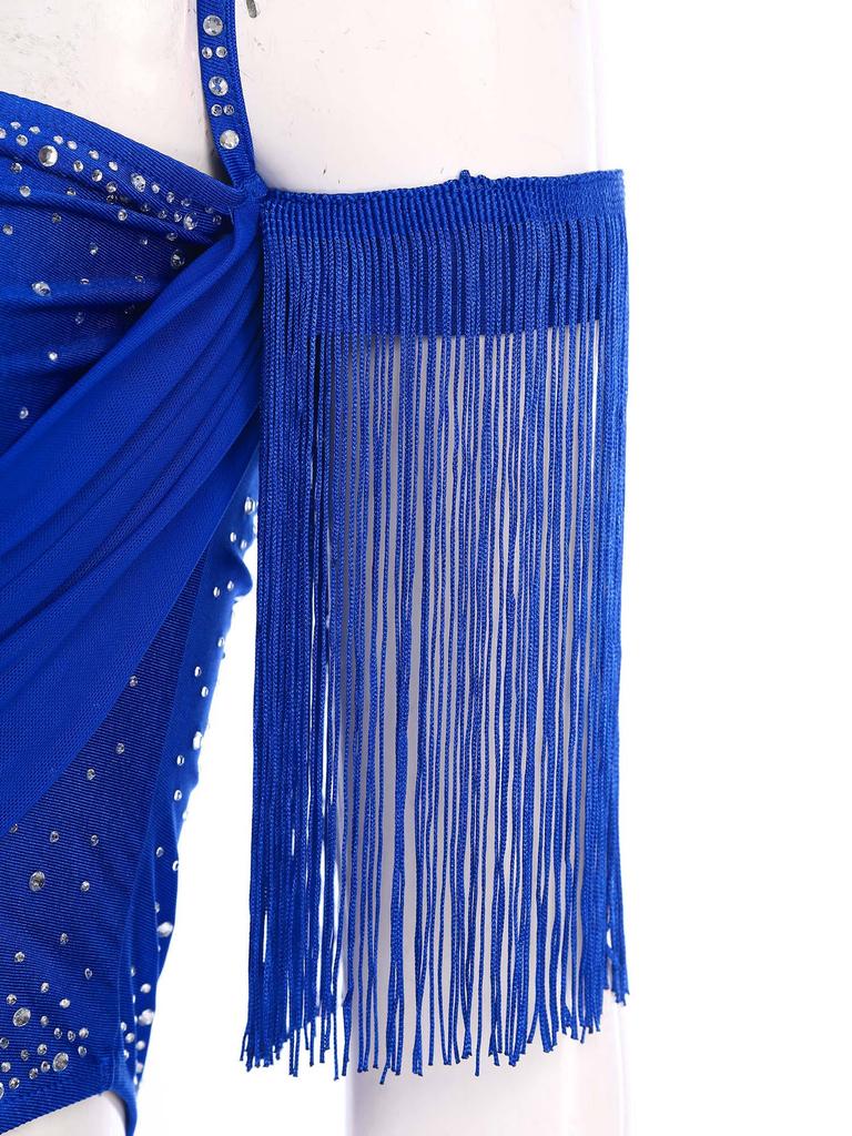 Женский костюм для латиноамериканских танцев, открытая спина, вырезы, бретели-спагетти, бахрома, платье со стразами