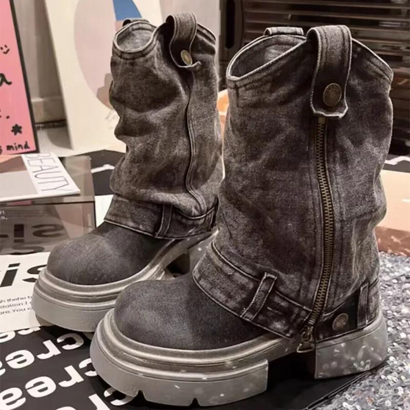 Fashion Denim Ankle Boots For Women Round Toe Thick Bottom Side Zipper Belt Buckle Female Shoes Solid Color Low Heel Designer New Brand