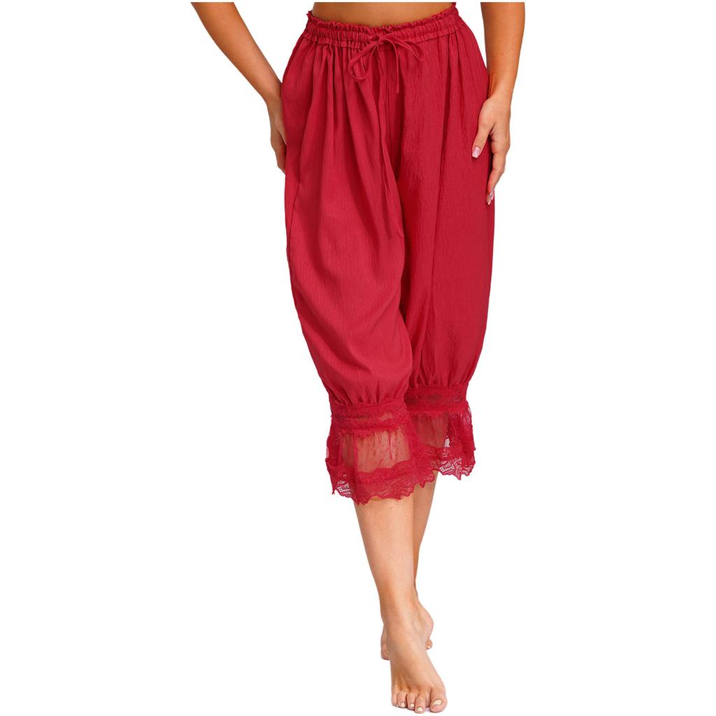 S-L Womens Lace Trim Long Bloomers Loungewear Elastic Waist with Drawstring Loose Harem Pants Medieval Pirate Pantaloons Midi Pants