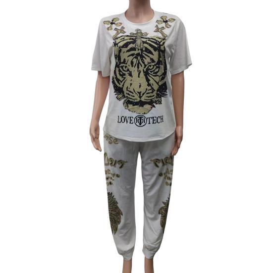 2 Pcs/Set Women T-shirt Pants Set Tiger Print Round Neck Short Sleeves Top Ankle-banded Elastic Waist Trousers Casual Daily Wear Outfit