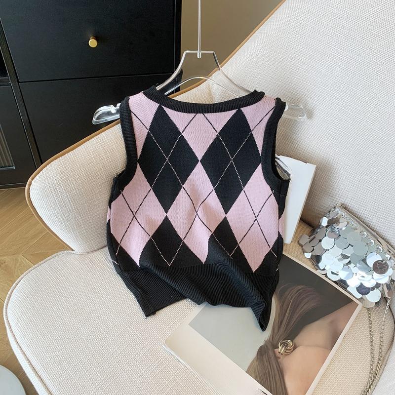 Autumn Fashion Casual Argyle Knitted Sweater Vest Women Winter Retro Sleeveless Pullover Sweater Women Waistcoat Round Neck Knitwear Vests 24821