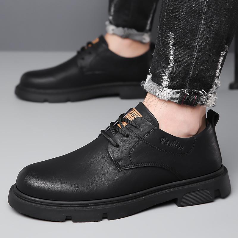 Men's Black Leather Thick-Soled Derby Shoes: Casual, Wedding, and Workwear Martin Boots.