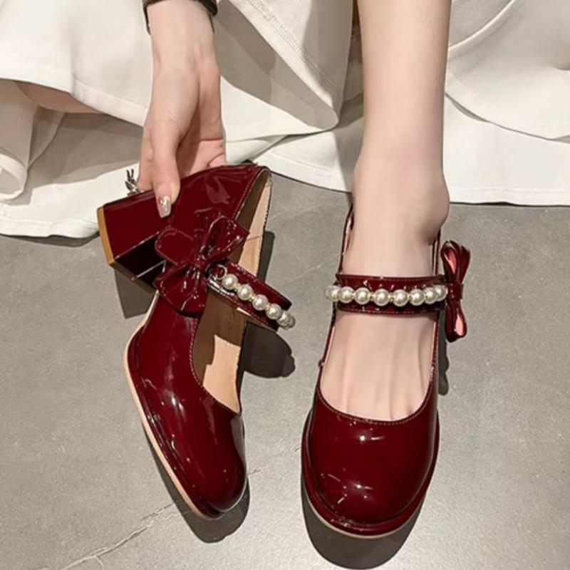 Мода 2025 Новые Роскошные Туфли на Платформе с Бусинами и Бантом для Свадьбы и Свиданий Весенние Женские Туфли Мэри Джейн Лодочки с Круглым Носком и Блочным Каблуком