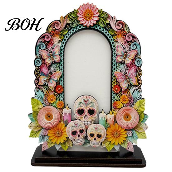 Unique Festival Gift Ideas Dia De Los Muertos Wooden Photo Frame Tabletop Decor, Day of The Dead Sugar Skull Ornaments Memorial Picture Holder