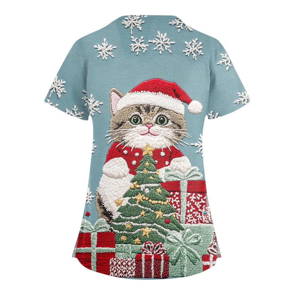 Женский модный рабочий топ с V-образным вырезом, рождественским принтом, короткими рукавами, карманом, боковым разрезом, базовый пуловер