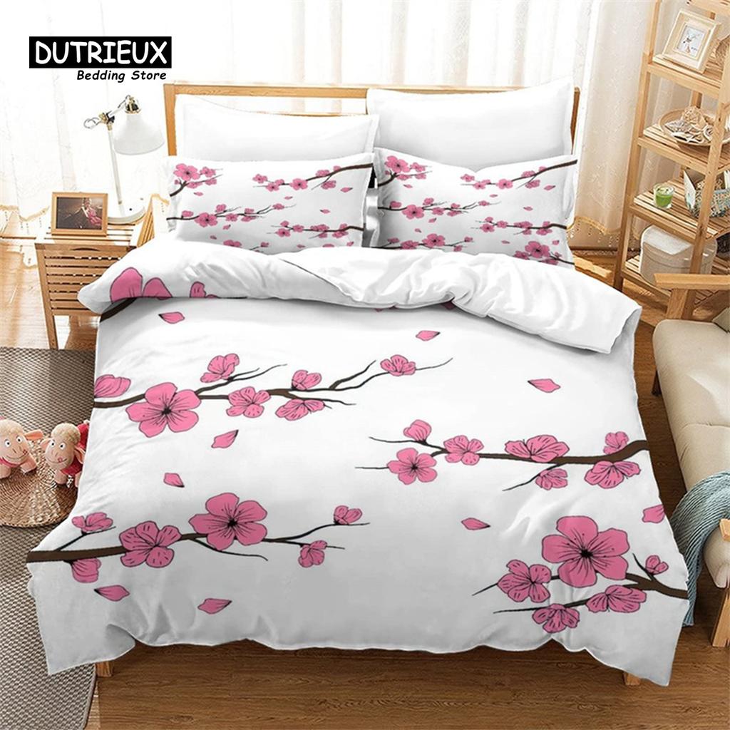 Cherry Blossoms Duvet Cover Set Japanese Floral Bedding Set Microfiber Romantic Theme Quilt Cover Twin King For Valentine's Day