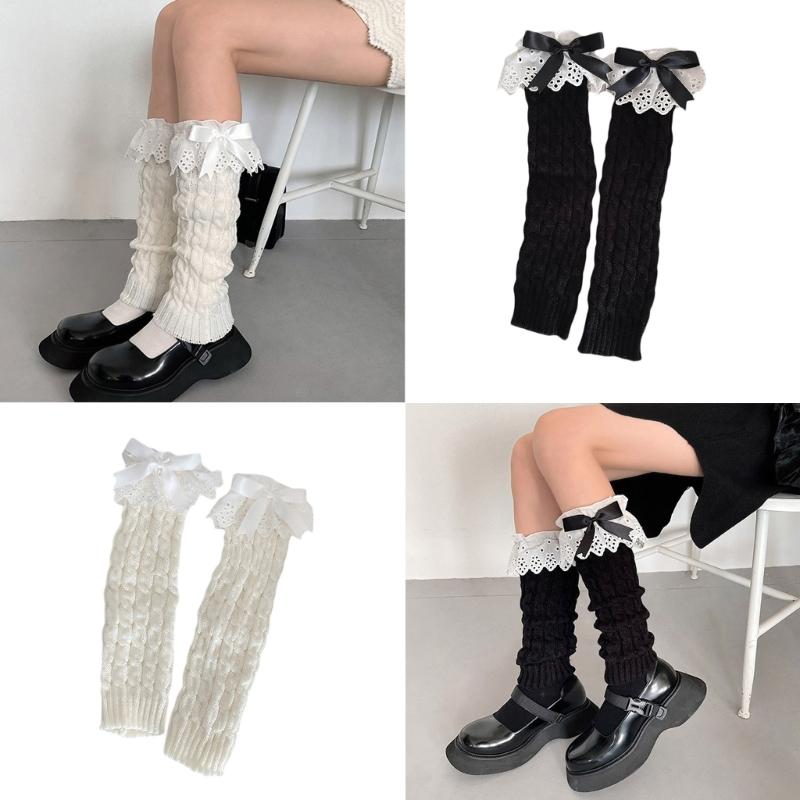 Women Autumn Ruffled Lace Bowknot Leg Warmers Japanese Lolita Twist Cable Knitted Foot Covers Student Stretch Calf Socks