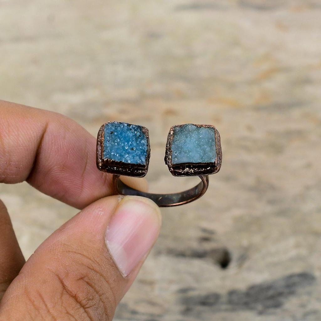 Кольцо с синими друзами, медное кольцо, изготовленное электроформованием, регулируемое кольцо, ювелирные изделия с синими друзами, кольца ручной работы с настоящими драгоценными камнями, подарок для него, ювелирные изделия, изготовленные методом гальванопластики