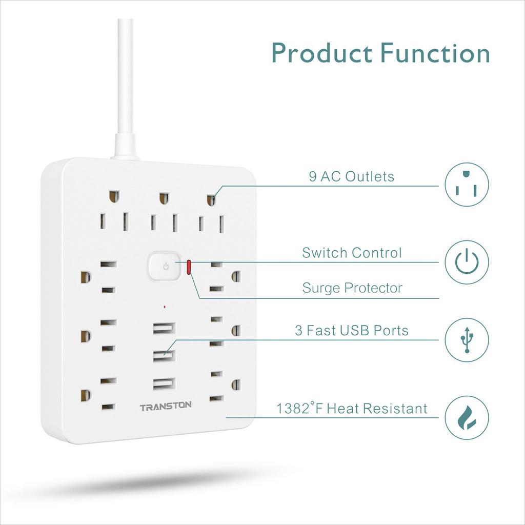 Розетка с защитой от перенапряжения, 9 розеток, 3 порта USB, удлинитель 5 футов, Быстрая зарядка, Для дома и офиса, Белый