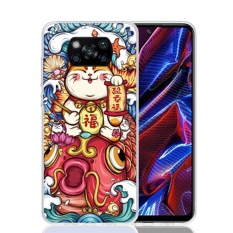 Счастливый Кот Манеки Неко Японский Чехол Для Телефона Для Xiaomi Poco X7 X6 X5 Pro F7 Ultra Redmi 15C 15 13 13C 12 12C 10 10A 10C 9 9A 9C 9T