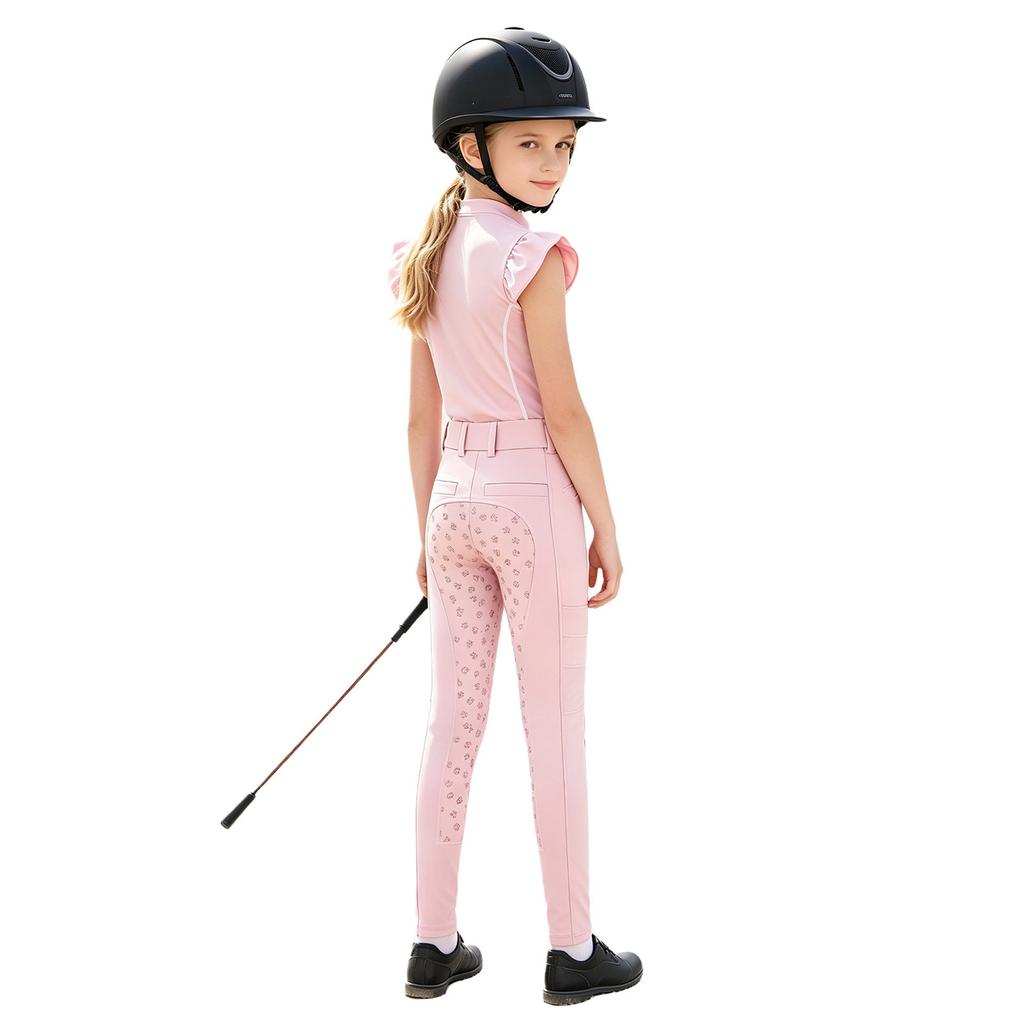 Girls Equestrian Riding Zip Up Stand Collar Ruffled Sleeves Contrast Trim Top Anti Slip Full Seat Breeches Outfit