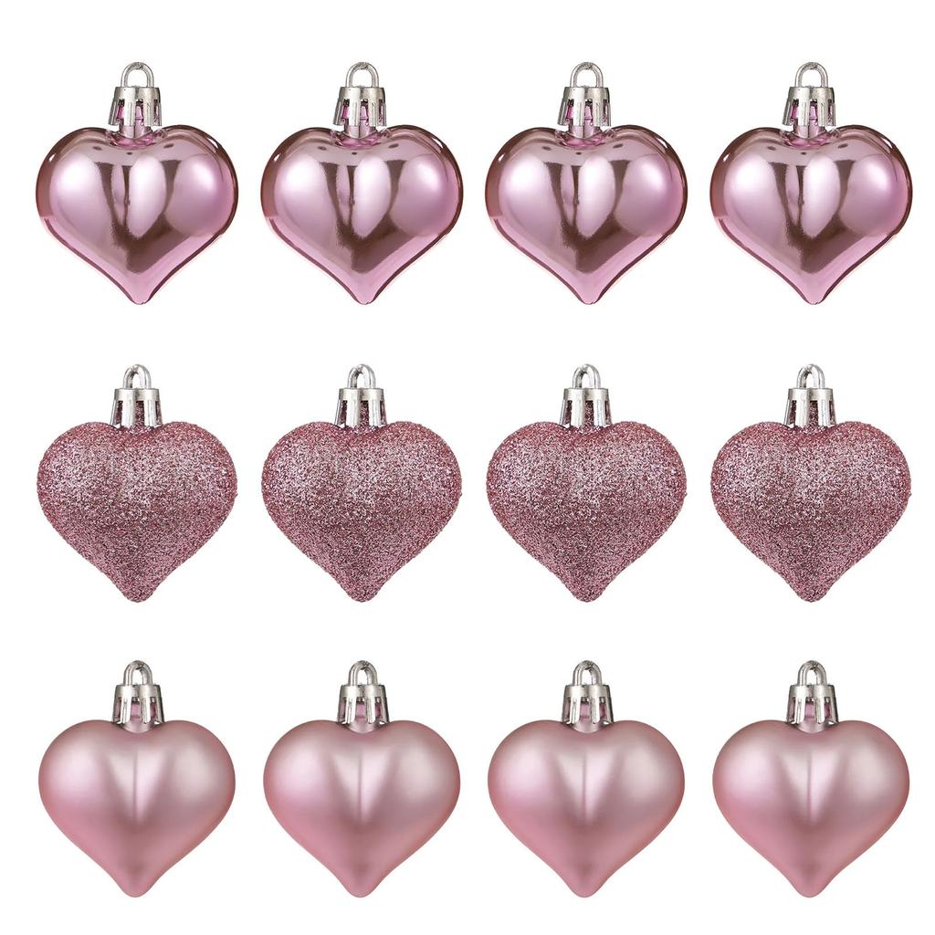 12Pcs Heart Ornaments Multi Finish Heart Baubles Hanging Ornaments For Christmas Tree Valentine’s Day Decor Party Decoration