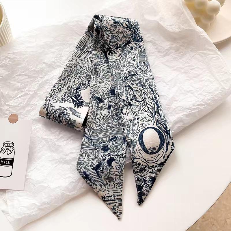 Маленький белый и нежно-зеленый шелковый шарф для женщин, тонкая лента, повязка на голову, резинка для волос, украшение для сумки, длинный