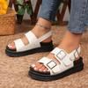 Women Sandals 2024 New Summer British Style Rome Shoes Comfy Soft Leather Metal Buckle Casual Slippers Flat Platform Sandals
