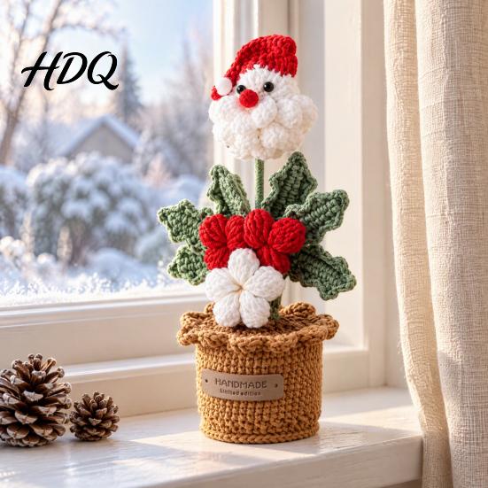Desktop Ornament for Shelf Crochet Potted Santa Plant Handmade Christmas Ornament Decorative Desk Accessories Flower Plant Home Office Bookshelf