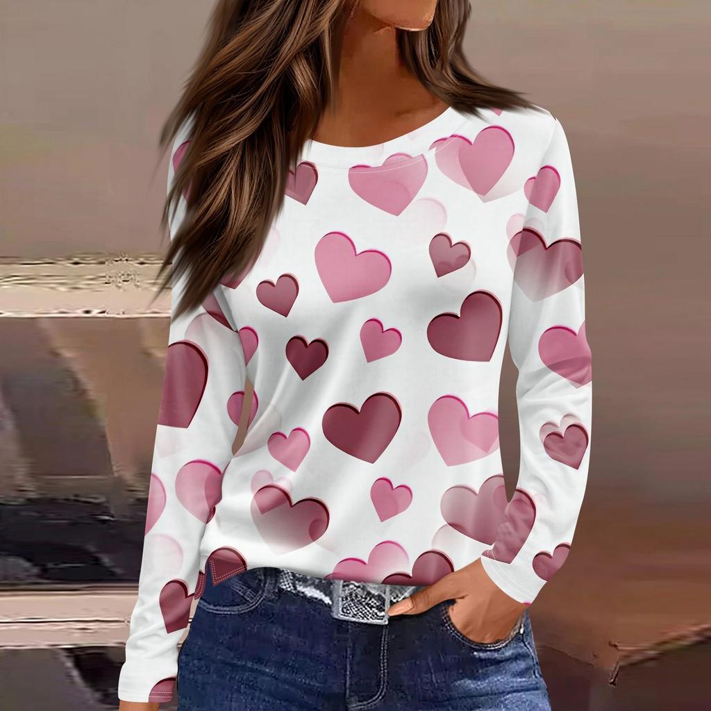 Женская модная повседневная футболка с разрезом и круглым вырезом, длинным рукавом, с принтом ко Дню святого Валентина, женская футболка