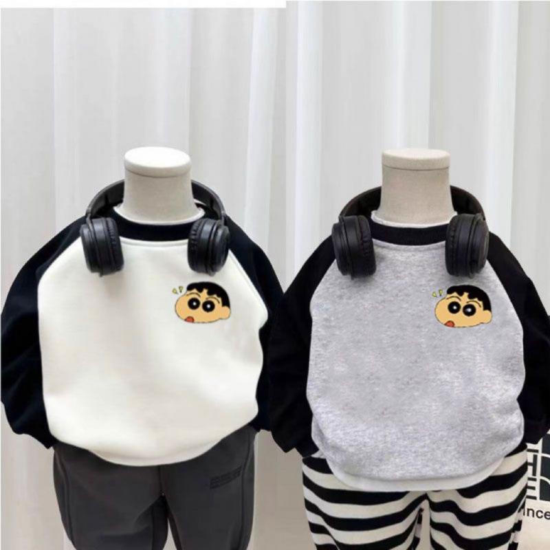 Kids Autumn Winter Fleece Lined Sweatshirt Boys Girls Korean Cartoon Pullover Warm Base Layer Top