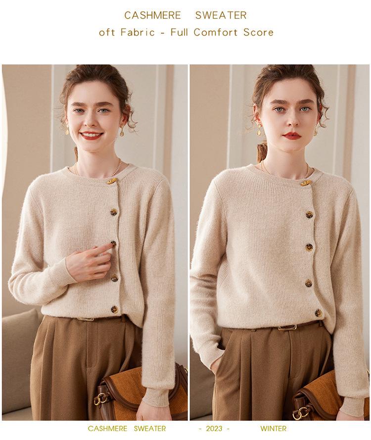 Women's Red Cashmere Round Neck Cardigan - Solid Color, Side Button, Loose, Slimming Knit Outerwear