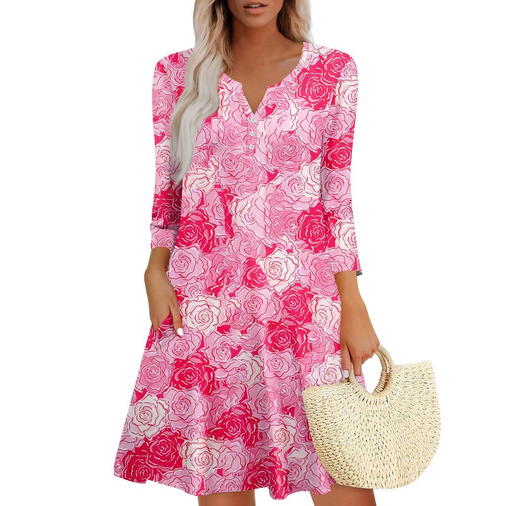 Women's Summer Dress Loose V Neck Three-quarter Sleeve Sundress With Pockets Dress