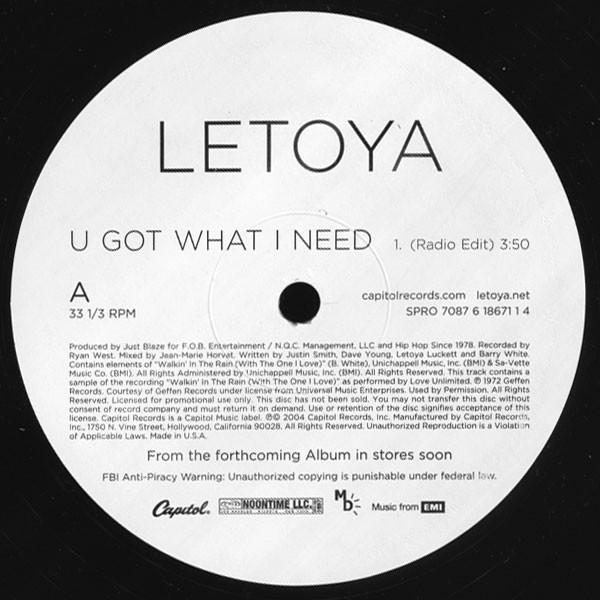 12-дюймовая пластинка LETOYA - U Got What I Need SPRO70876186711 Capitol Records 2004 США Soul/Funk Б/у