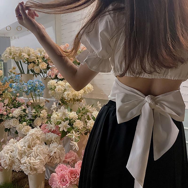 WTEMPO Рубашки с короткими рукавами и бантом, женские летние шикарные повседневные топы, женские однотонные тонкие укороченные топы с квадратным воротником во французском стиле