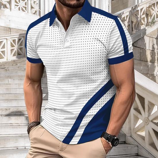 Мужская футболка с лацканами, облегающая футболка в горошек из полиэстера, цветной блок, летняя повседневная футболка с коротким рукавом для повседневной носки, для спорта и улицы