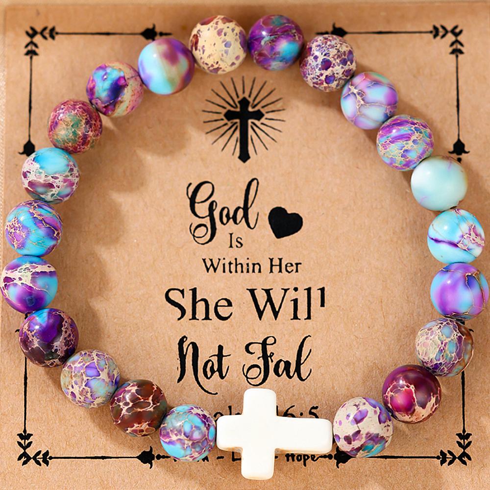 Религиозный крестовый браслет для женщин и мужчин, натуральный камень, эластичный браслет из бисера, молитвенный браслет с карточкой