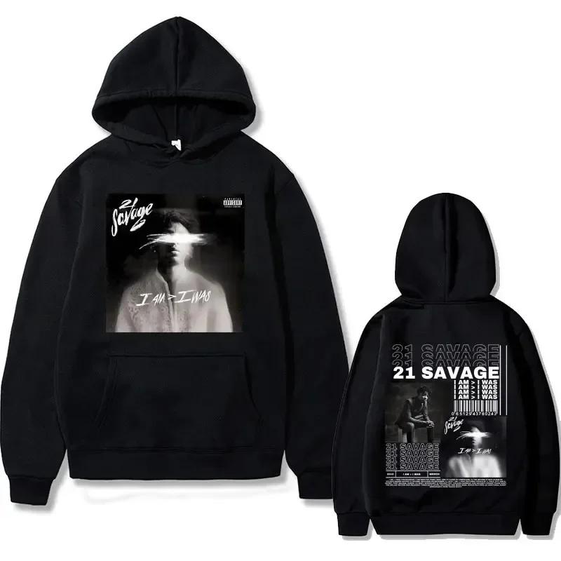 Rapper 21 Savage I Am I Was Music Album Graphics Hoodie Men Hip Hop Vintage Oversized Sweatshirts Hoodies Streetwear