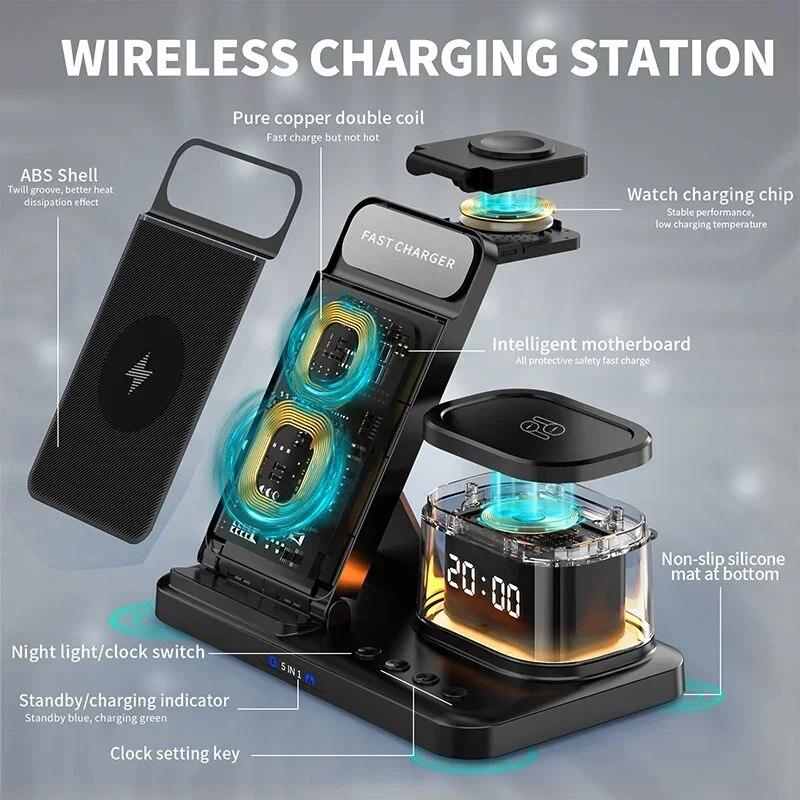 5 In 1 Wireless Charger Stand Foldable Clock RGB Night Light Fast Charging Station For iPhone15 14 13 12 Apple Watch Airpods Pro