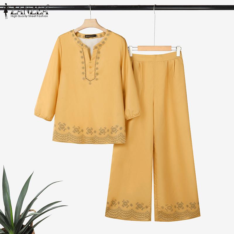 ZANZEA Женский повседневный комплект из двух частей: блузка с длинным рукавом и брюки с принтом