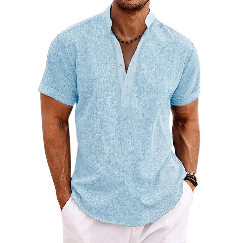 Men's Linen Shirts Short Sleeve Button Up Neck Stand Collar Casual Summer Home Daily Shirts