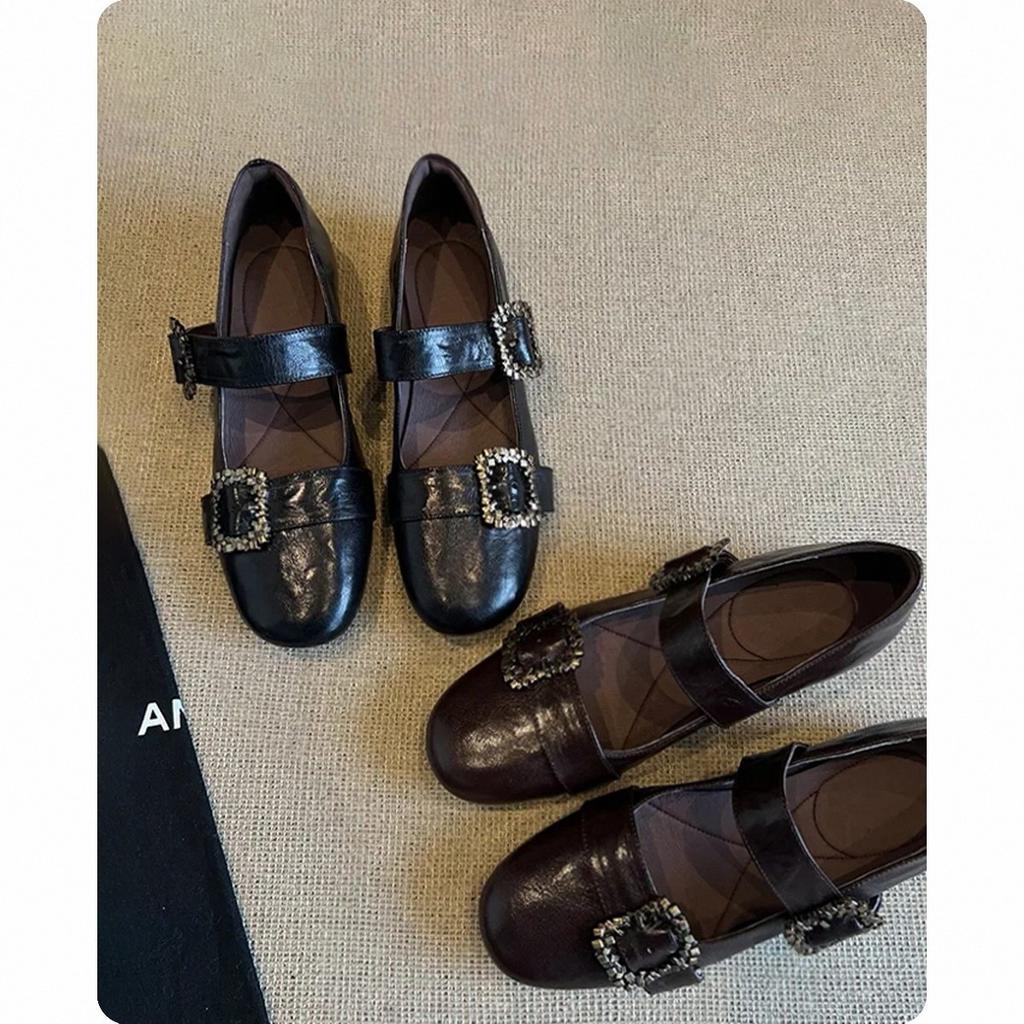 Blue Cabinet French Single Shoes Women's Flat Commuter Ballet Shoes Gentle Evening Shoes with Skirt One-word Buckle Mary Jane Shoes