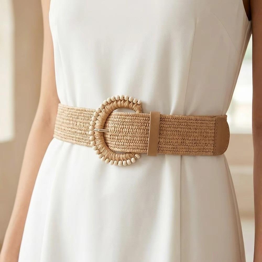 Bohemian Style Braided Elastic Belt Retro Straw Woven Belt Fashion Beach Play Belt for Women