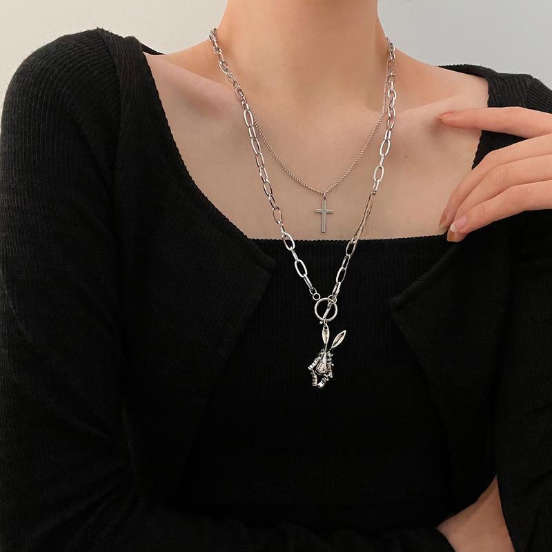 Double-Layer Punk Rabbit Cross Necklace - Unisex Hip-Hop Style