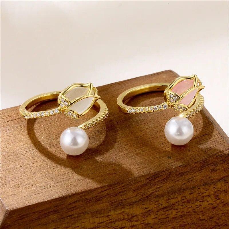 Модное кольцо с жемчугом и кристаллами тюльпана и розы для женщин, модные креативные кольца с опалом и цирконом на палец, вечерние свадебные украшения, подарки