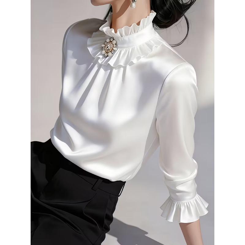 Women ruffled stand collar satin three quarter sleeve shirt multi color slim fit rhinestone pearl brooch office elegant blouse