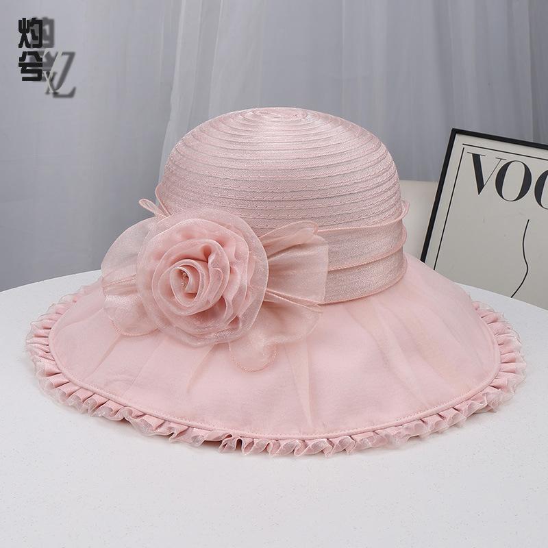 British style mesh gauze hat spring and summer new women's sunscreen big eaves flower lace sunshade fashionable and elegant top hat