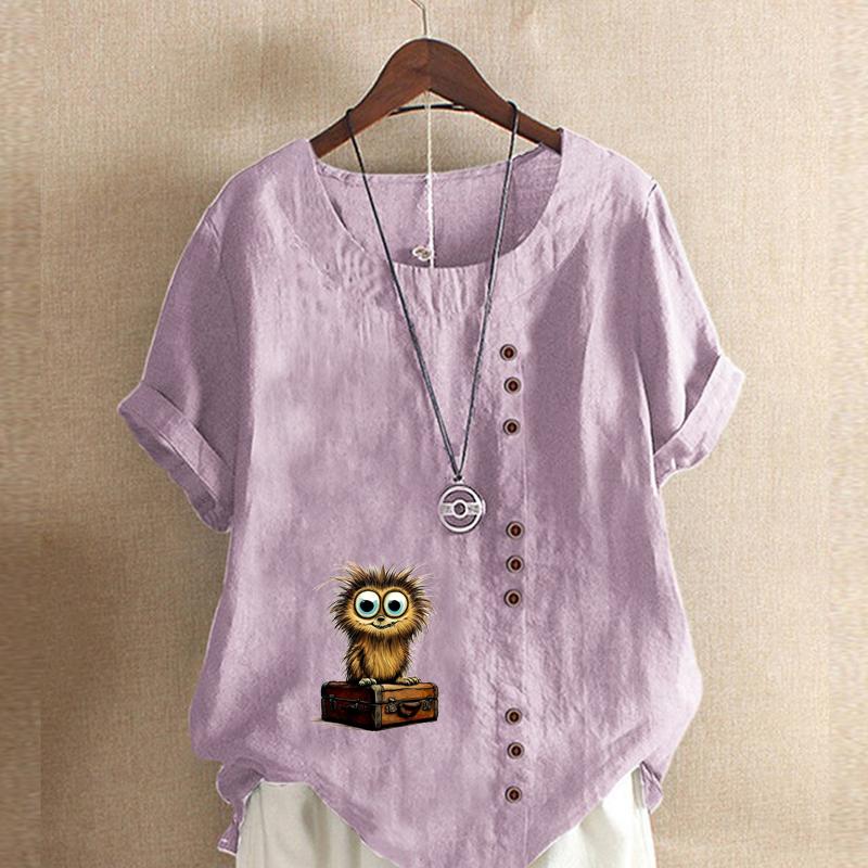 Women's Fashion Owl Prined Short Sleeve T-shirt Loose Cotton Shirt Casual Loose Summer Blouse Plus Size Tops