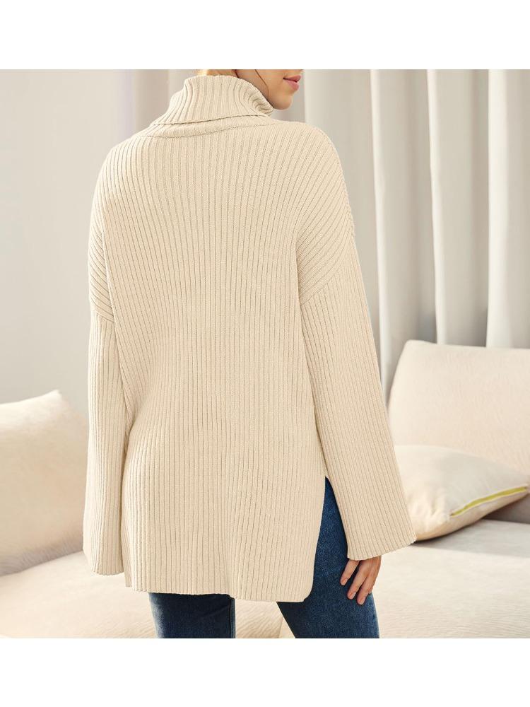 Осень Зима Водолазка Оверсайз Свитер Женский Разрез Длинный Рукав В рубчик Роскошный Расслабленный крой Стройнящий Универсальный Топ