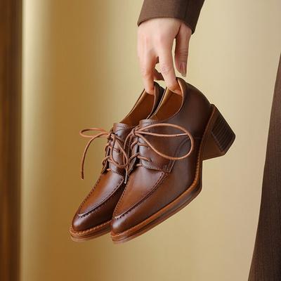 Мода НОВЫЕ Весенне-Осенние Женские Туфли из Спилка, Женские Туфли с Острым Носком и Массивным Каблуком, Женские Туфли на Шнуровке, Туфли на Высоком Каблуке