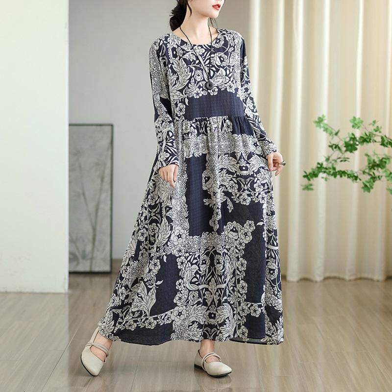 Long Sleeve Plus Size Cotton Vintage Floral New In Dresses for Women Casual Loose Spring Summer Autumn Dress