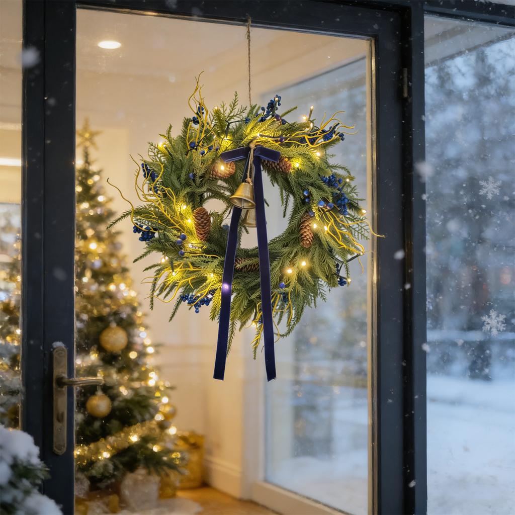 3D 55CM Simulated Needles Norfolk Blue Bell Wall Hanging Christmas Door Hanging Wreath Decoration