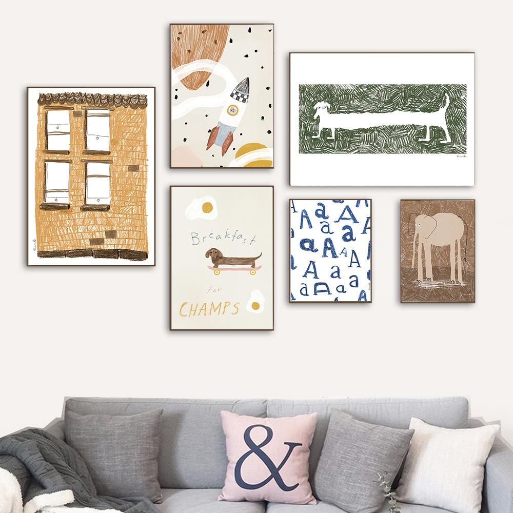 Мультфильм Кот Ракета Печать Плакатов Абстрактное Животное Собака Слон Дом Детская Комната Искусство