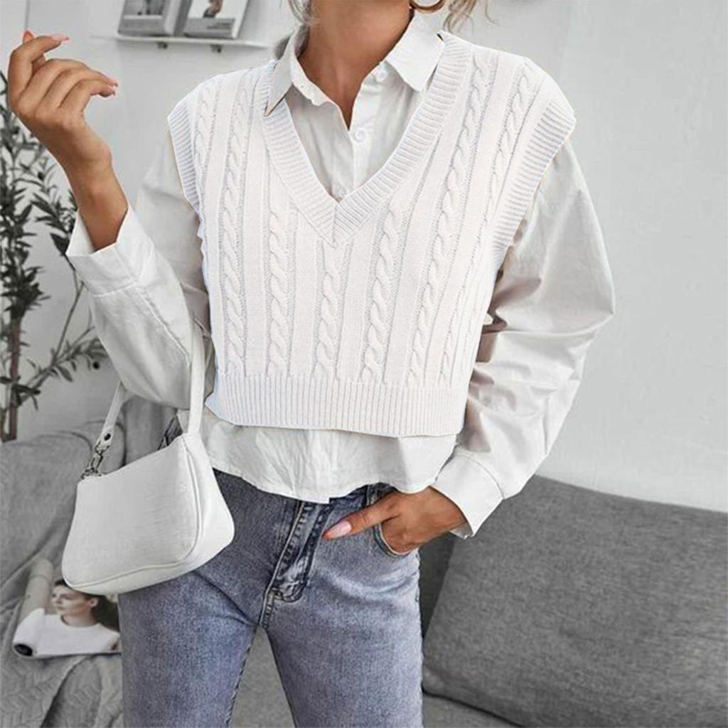 Women's Casual V-Neck Pullover Shirt Collision Color Sleeveless Sweater Vest